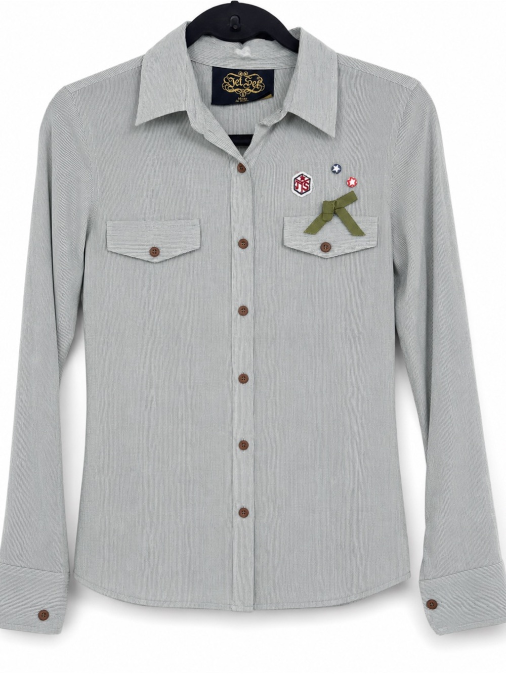 Jet Set Gray Pinstriped Button-Up Blouse w/Military Style Embroidery & Patches S